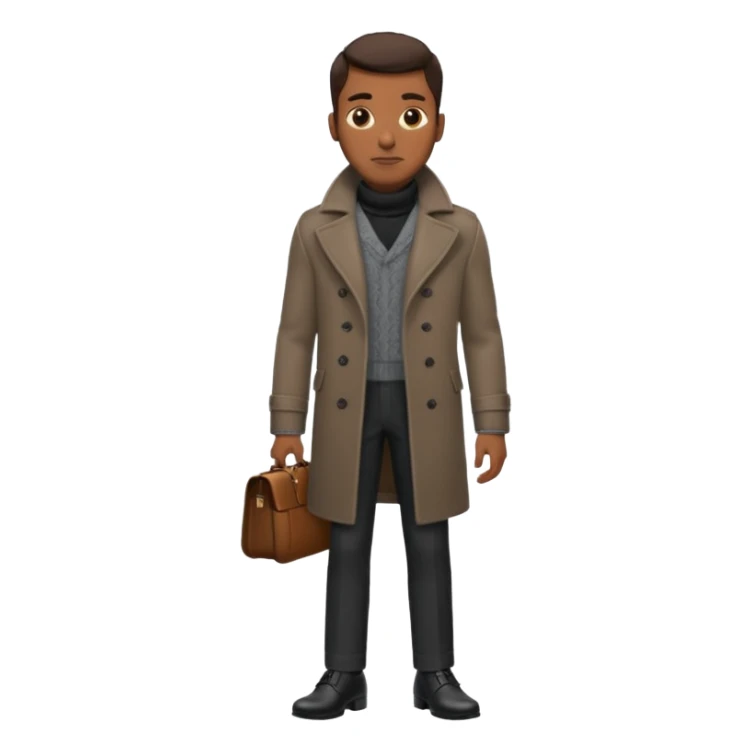 Handsome Black guy with brown skin tone, wearing black slacks, a gray sweater, long brown pea coat, and black shoes sticker