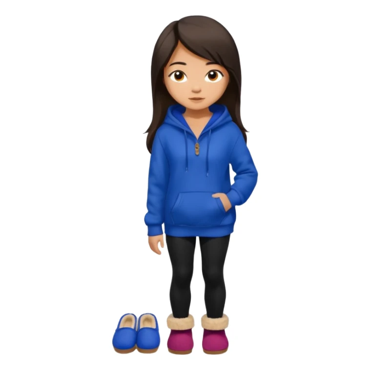 A pretty white/asian tanned girl with medium long strait dark brown almost black hair wearing a royal blue hoodie and black leggings pretty tan with Ugg slippers sticker