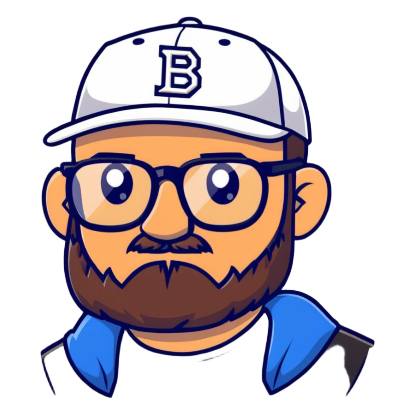 adventurer with beard, glasses and backwards baseball cap sticker