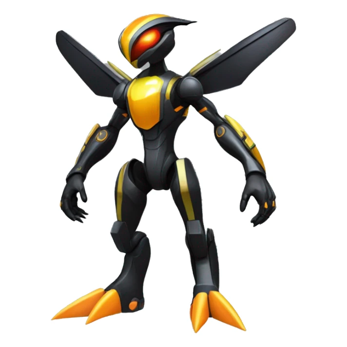 a shiny metallic black-orange-yellow Genesect-Flygon-Raptor-Fakémon-Medabot-hybrid with a futuristic visor-helmet full body sticker