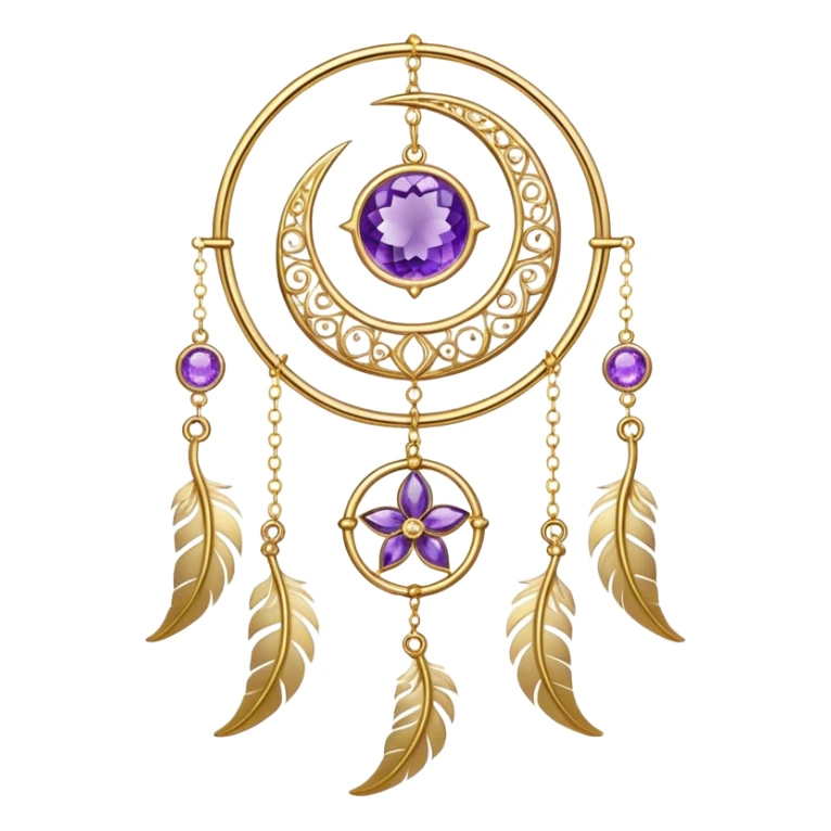 Epic beautiful gorgeous cute gold suncatcher, threads with shiny sparkly amethyst gemstones, flowers, crescents-moons, stars, gold Feathers  sticker