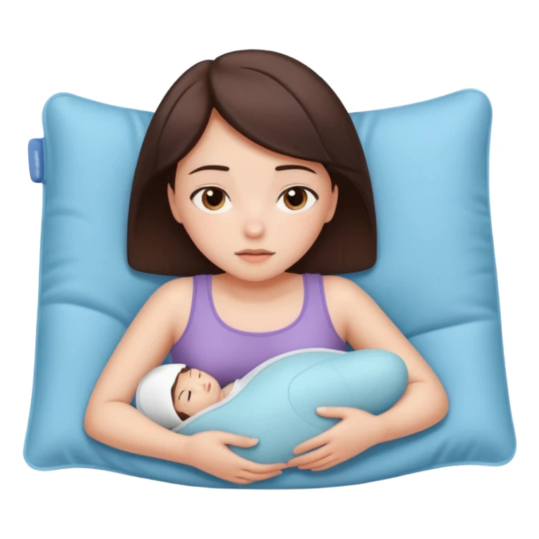 a brunette girl lying down on her side, holding a warm heating pad against her lower belly. She's uncomfortable and sad, her posture should show she’s having menstrual cramps. Use simple lines, rounded shapes, soft colors, and a clean emoji aesthetic. Make it expressive but still adorable sticker