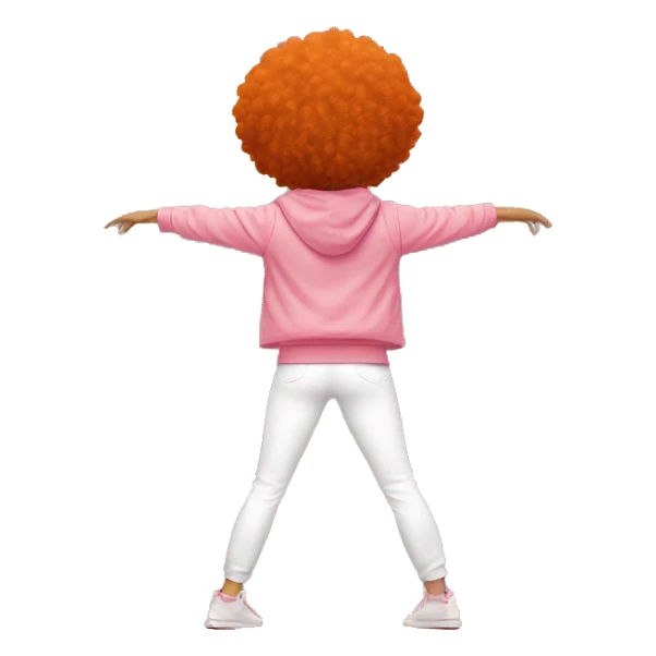 Tan girl with orange afro, in white pants, pink baggy jacket, doing split, rear view sticker
