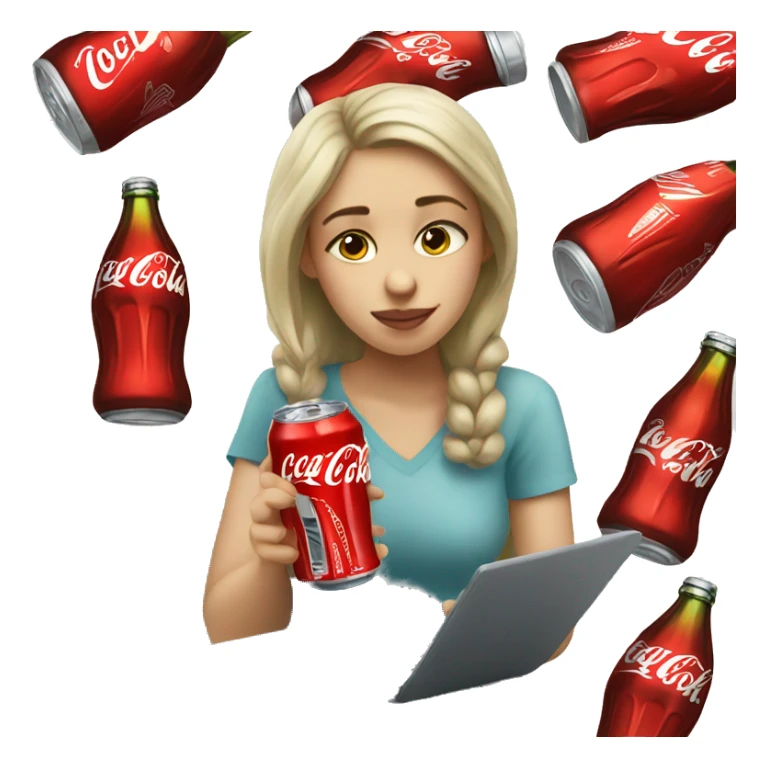 tired girl with laptop drinking coca-cola sticker