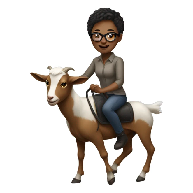 White woman with really short hair and glasses riding a goat sticker