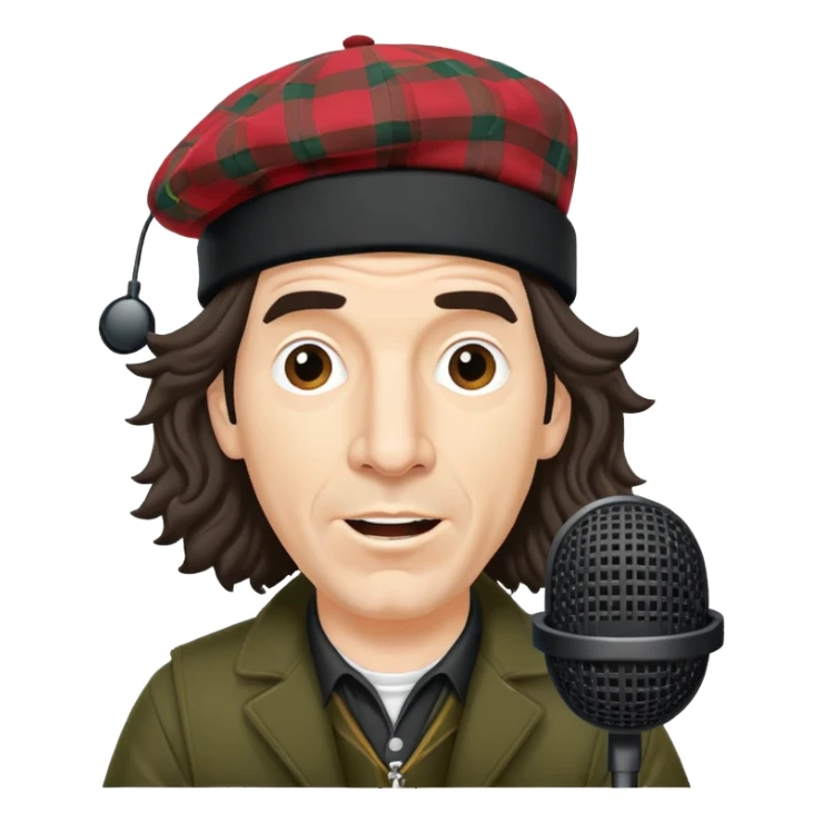 Nardwuar with his iconic tam o' shanter hat and microphone sticker