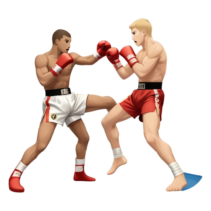 An icon symbolizing kickboxing, featuring two fighters in the midst of an intense match. One throws a powerful roundhouse kick, while the other counters with a punch. The background shows a ring, with ropes and a cheering crowd. Transparent background highlights the action and strength sticker