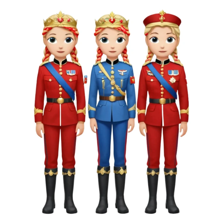 Blonde single braided haired Elsa and brown double braided haired Anna arendelle are same wearing gold tiara white military tunic arm badge shoulder cord medal red sash blue belt black trouser with both side red stripe white overknee boots full body view sticker