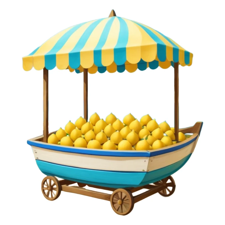 Mediterranean lemon stand by the sea, blue and white striped canopy
Fresh yellow lemons stacked, wooden boats and turquoise water background
Bright sunlight, Italian coastal summer vibe, vibrant colors sticker