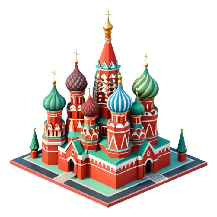 Isometric illustration of Moscow, featuring Saint Basil's Cathedral with its colorful onion domes, Red Square elements, in miniature diorama style, soft shadows and pastel colors. sticker
