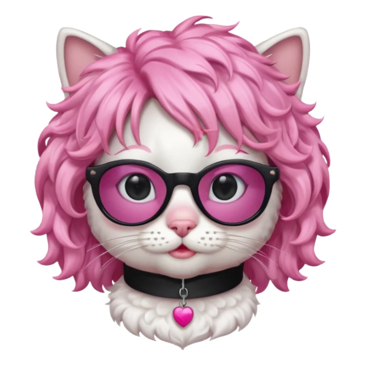 White cat wearing pink curly wig, black sunglasses sticker