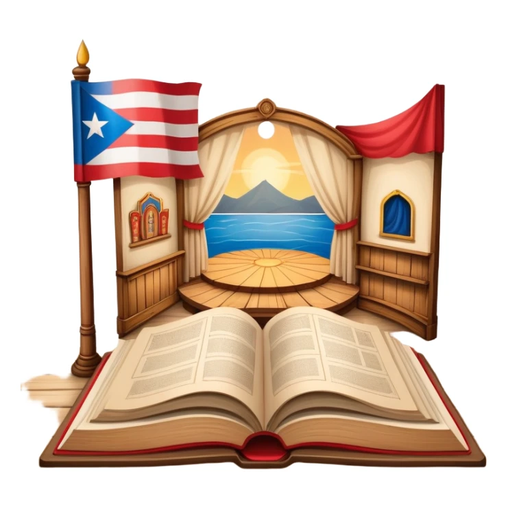 Timeless open book with visible pages of hand-drawn theater backdrop sketches, stage layouts and set designs, Puerto Rican flag motifs integrated throughout, wooden cover with theater symbols, warm light sticker