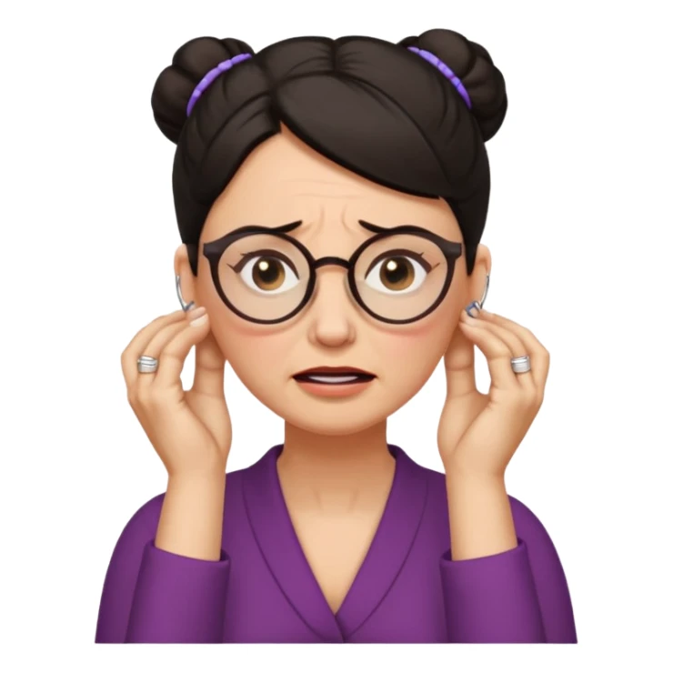  middle aged woman with dark hair pulled up in a high bun, wearing round ring earrings and glasses with a very painful expression on her face, eyes squeeed shut, wincing in pain,covering her ears with her hands, trying to not hear a terribly loud noise sticker