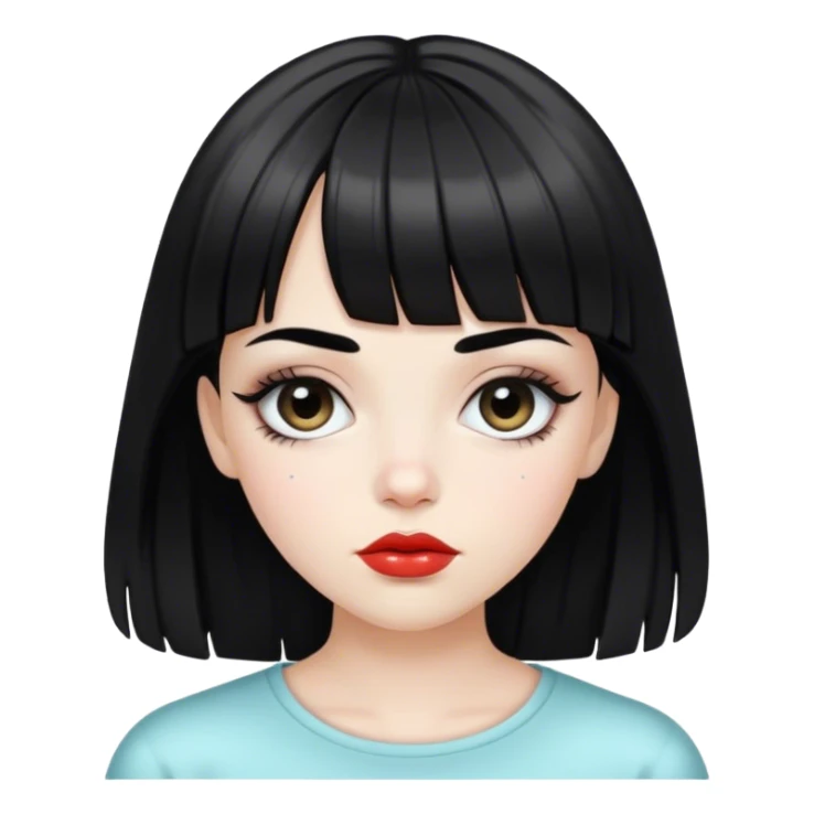 young girl with white skin. hairstyle with black bangs. thin eyebrows. full glossy lips sticker