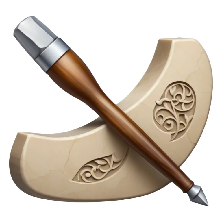 Carving icon, stone, bone, and horn with detailed patterns, carving tools like chisel and awl, minimalistic style, clean lines, transparent background. sticker