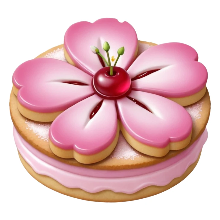 Realistic shortbread cookie in the shape of a cherry blossom with pale pink color jelly middle filling and sprinkled powder sugar on top. sticker