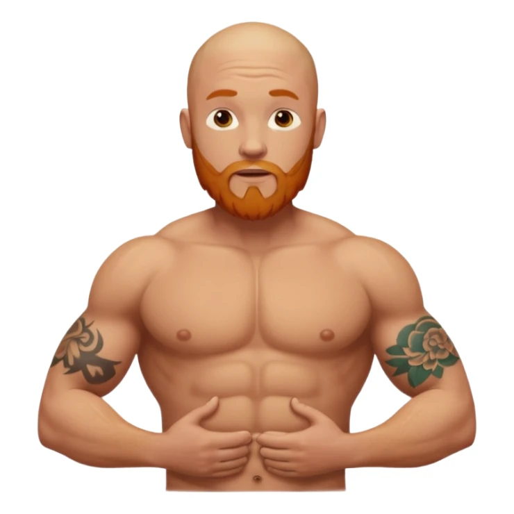 bald guy with a ginger beard an muscles shrugging his shoulders with GODBODY tattoo across stomach  sticker
