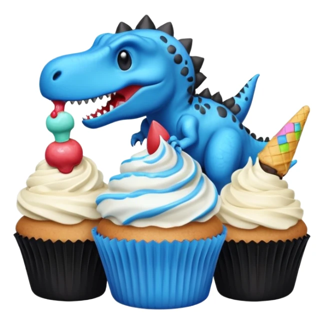 A cupcake having blue and black icing and a dinosaur as a decoration and ice cream next to it sticker