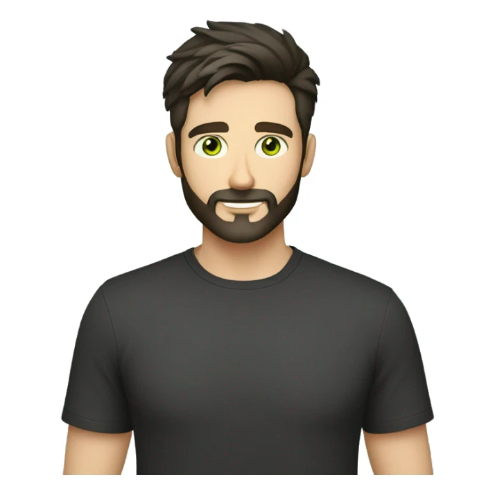 Handsome man with dark hair, holding an cup of coffee, gradient short hair on the side, green eyes. Thin face. Black t-shirt. A little beard. sticker