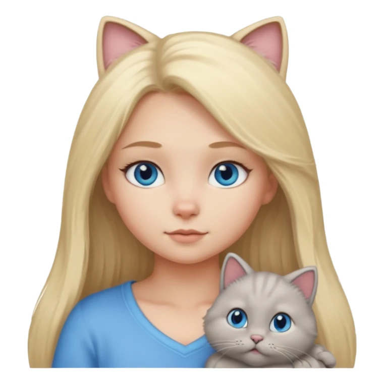 blonde girl with long blonde hair and blue eyes with chubby gray cat sticker