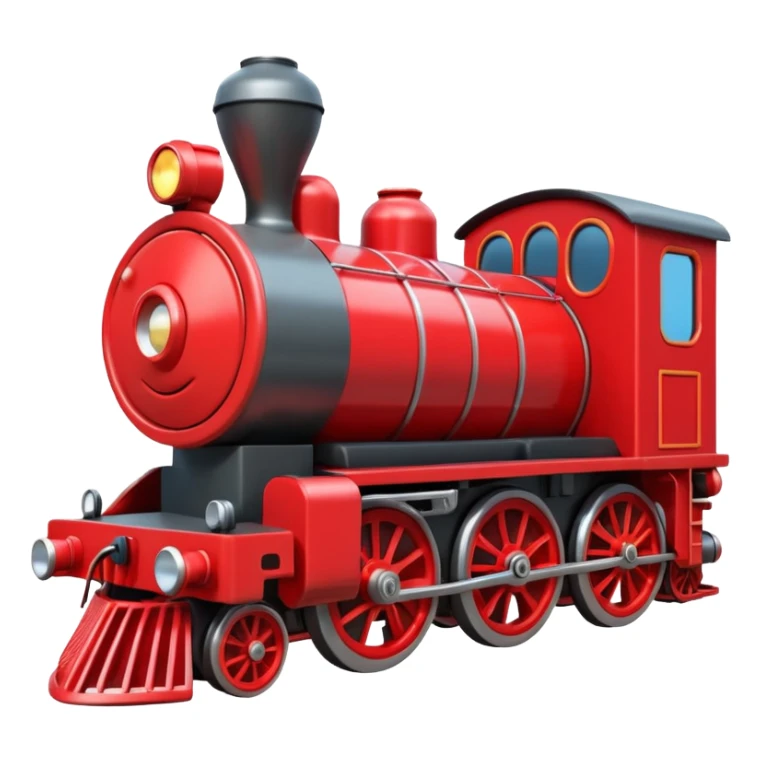 A 3D cartoon red train engine with headlights and wheels visible, realistic reflections, Memoji-style. sticker