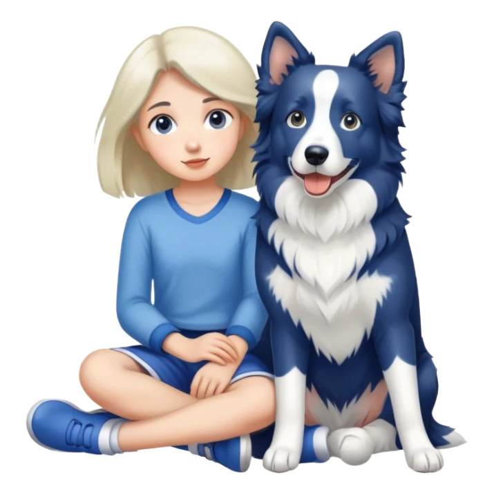 A girl sits with a Blue and white border collie sticker