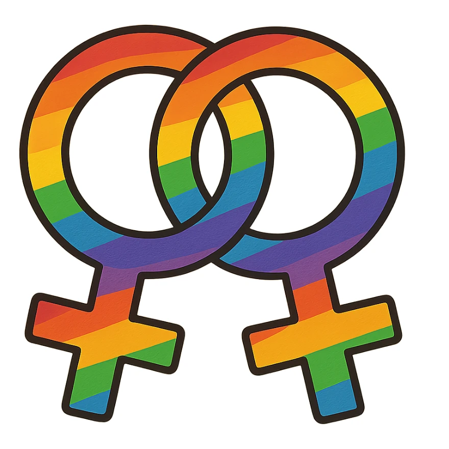 gay pride two interlocked female symbols, rainbow gradient, friendly and inclusive sticker