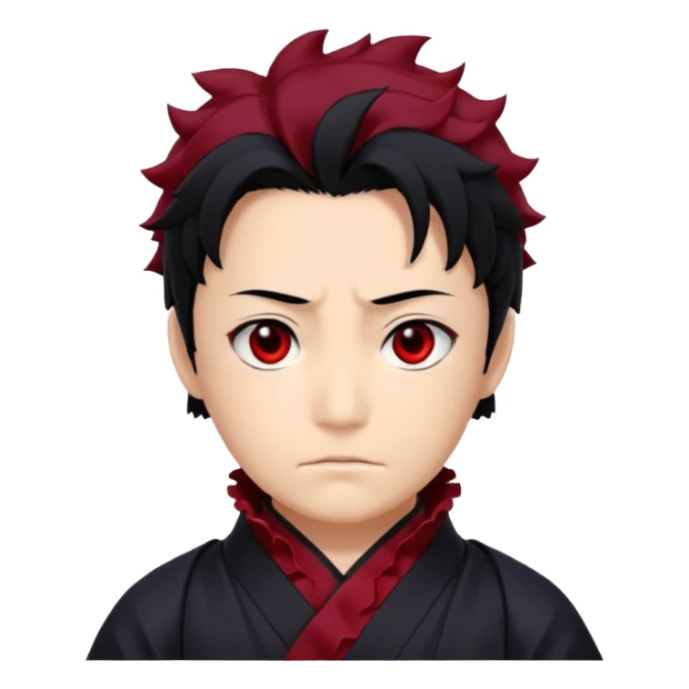Tanjiro Kamado has a kind, yet determined, appearance with ruffled, black hair that has red/burgundy tips. His most prominent facial features are his wide, dark red eyes and a distinctive scar on the top left of his forehead. sticker