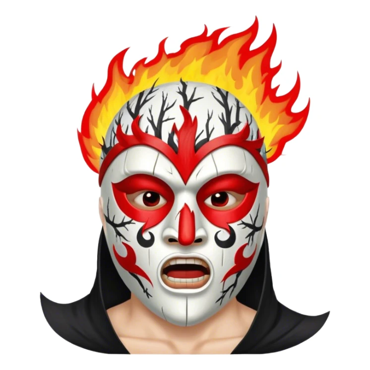 birch tree male mask in kokoshnik expressing anger, white, black and red palette, the texture has black marks, red fire at the top sticker