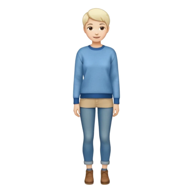 woman full body standing short pixie hair jeans sweater smile sticker