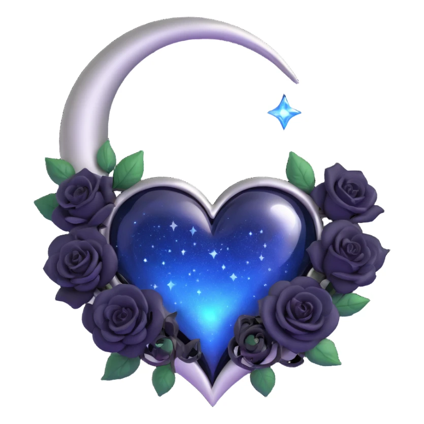 gothic heart, midnight blue glass, silver crescent moon, tiny black roses, shimmering stardust, glowing neon outline sticker
