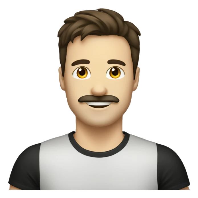 a profile picture of a happy white guy with long dark brown straight hair a moustache and a black t-shirt sticker