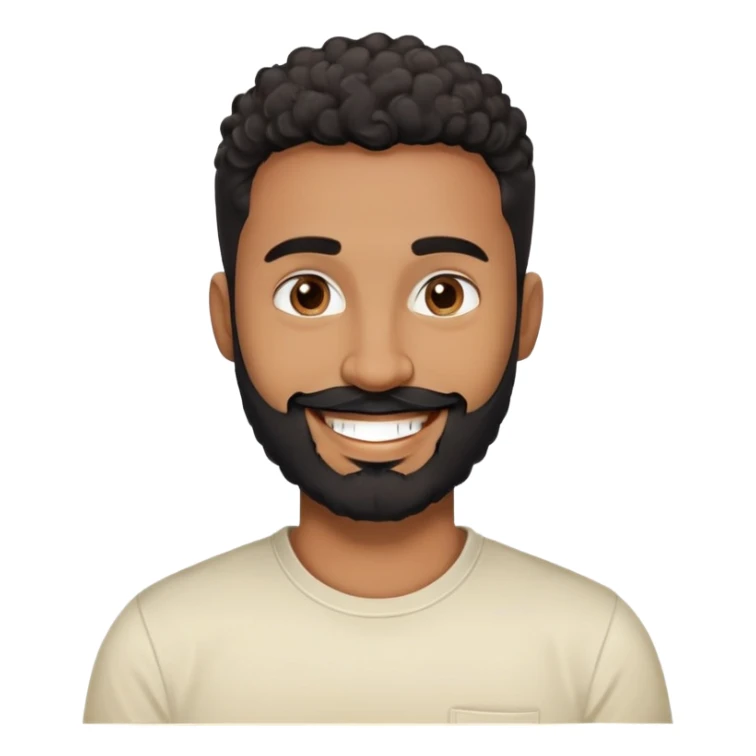 Man in his 30s with medium brown skin. Round face with friendly expression. Dark eyes with cheerful look. Thick eyebrows. Wide nose. Full black beard, well-trimmed. Short curly black hair with fade cut. Wearing a cream t-shirt. Big smile. sticker