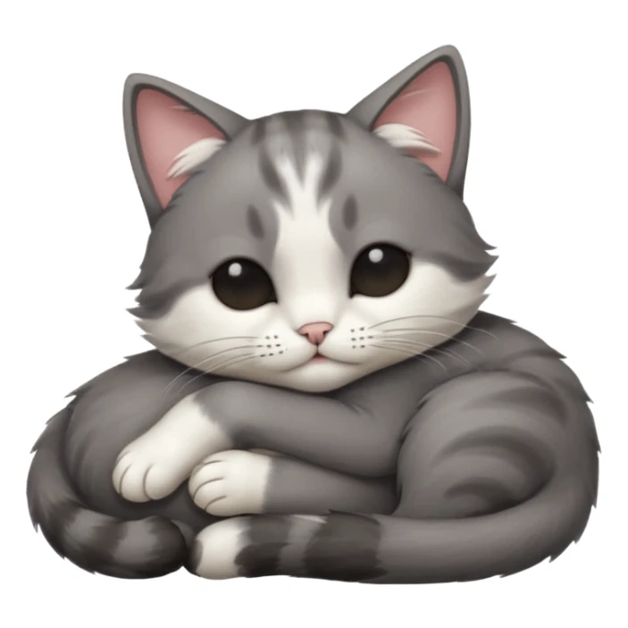 dark grey and white small cat with eyes closed, leaning his head on his paw while leaning on his elbow lying down sticker