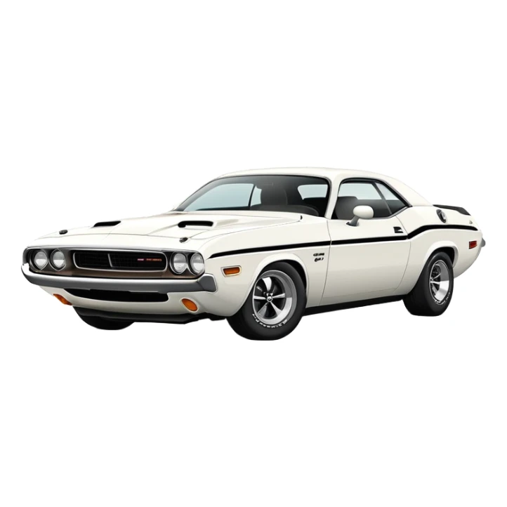 Sleek white 1971 Dodge Challenger, simplified design, complete white color scheme, slight angle showing front and side, detailed but minimalist, iOS emoji style sticker