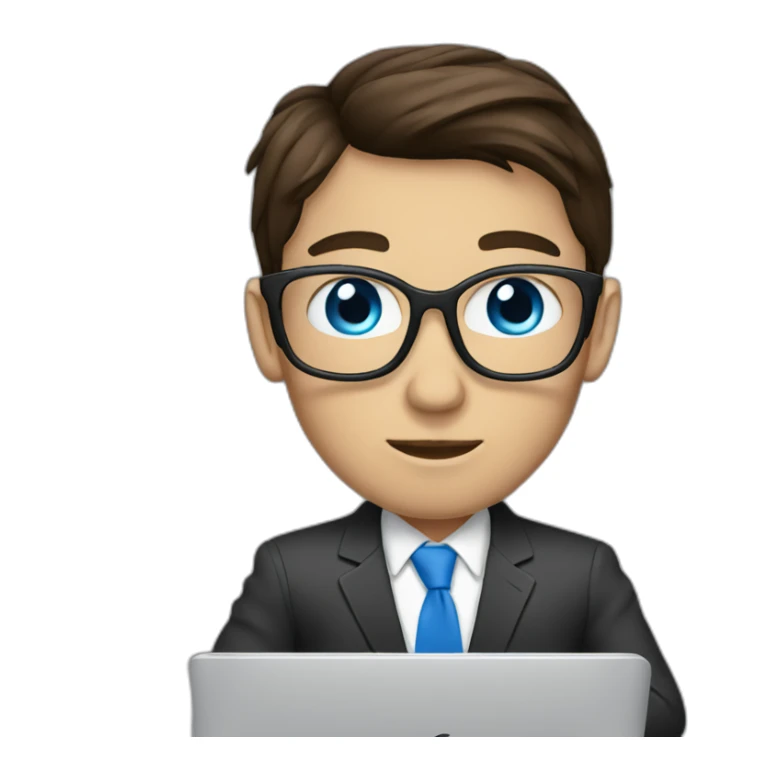 brunet with blue eyes wearing suit typing on a MacBook sticker