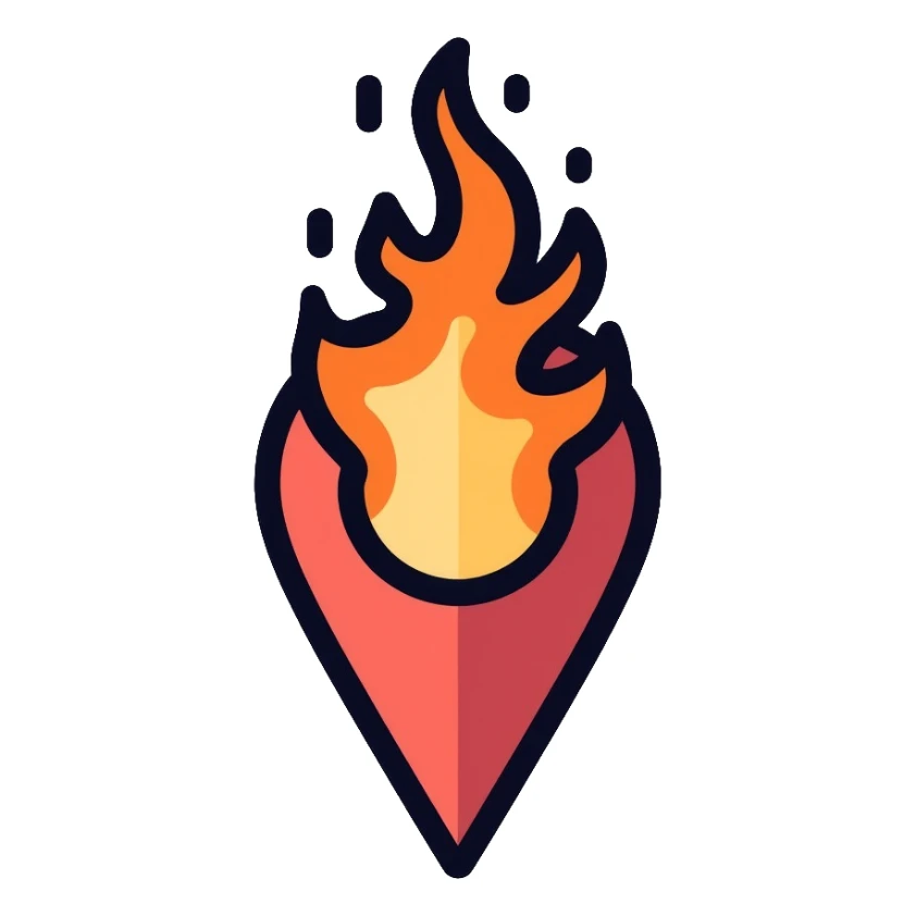 A map location pin marker on fire with flames coming out the top sticker