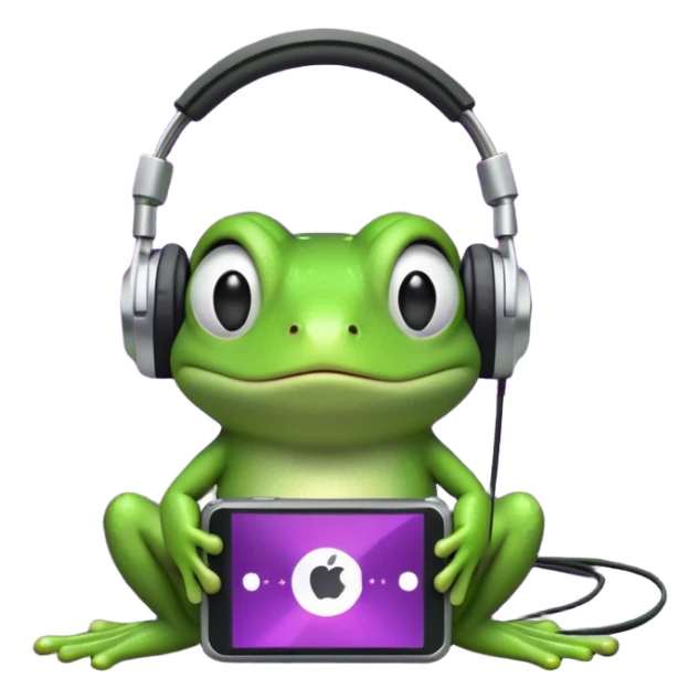 A cute green cartoon frog sitting with a neutral expression, wearing large black over-ear headphones. The frog is connected by a wire to a small, classic-style iPod with a purple screen, placed in front of it. The background is a dense black-and-white noise pattern resembling TV static. sticker