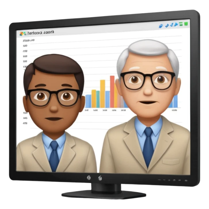 teaching somebody else in person, in the same place, watching the same monitor together, the trainee and trainer are in the similar age, two both are men, the monitor should be showing some data graphs sticker