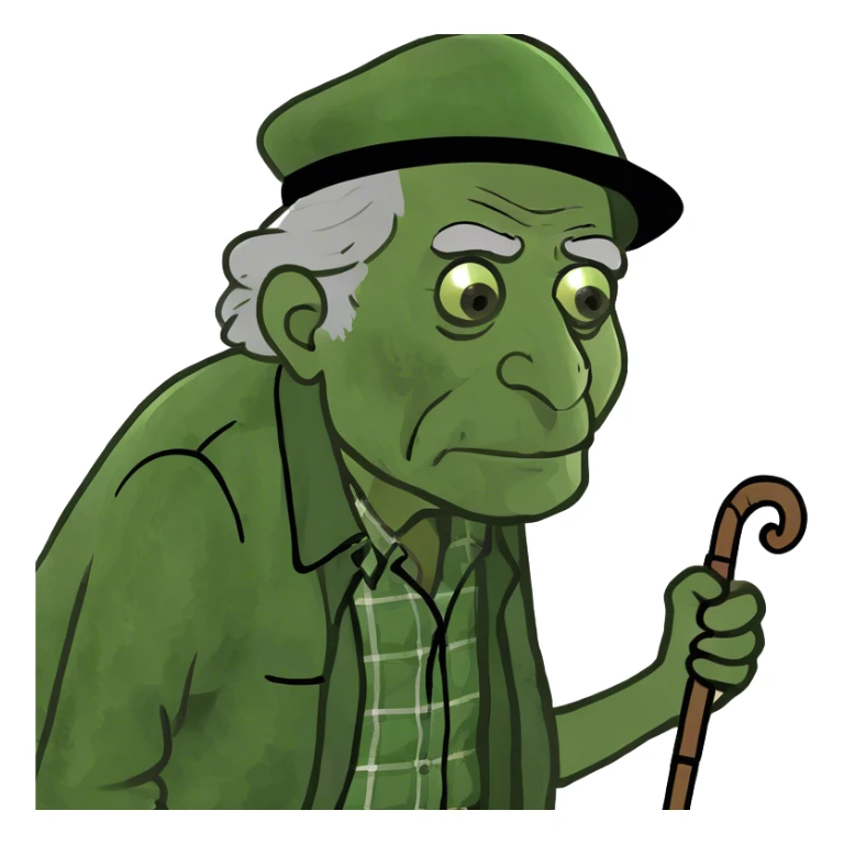 Old man leaning on a walking cane and holding his crancky back with his hand, grumpy face, detailed sticker