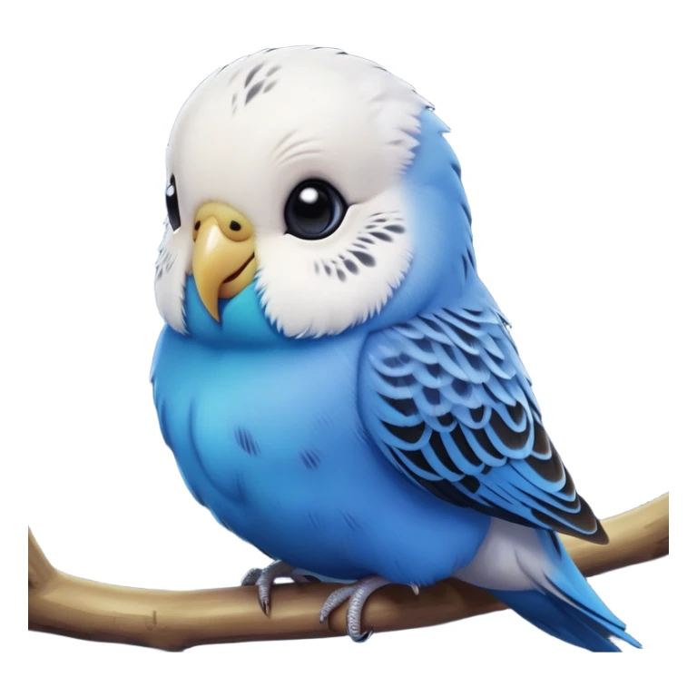 cinematic-cute-blue-budgie-portrait-emoji,-head-tilted-playfully-and-inquisitively,-featuring-a-brilliant-blue-feathered-fur-and white and black feathered face-with-a-natural-sheen,-round,-sparkling-dark-eyes-filled-with-curiosity,-simplified-yet-irresistibly-adorable sticker