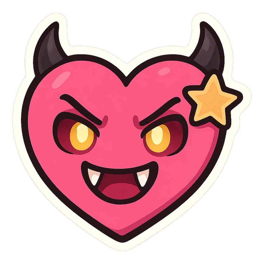 devil emoji, chibi style, pink and black colors, heart-shaped face, sharp fangs, glowing eyes, dramatic shadows, star accessory sticker