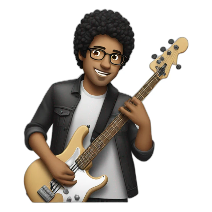 white guy, black hair, wearing glasses, playing bass guitar sticker