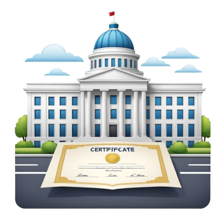 Government building with a certificate document in front sticker