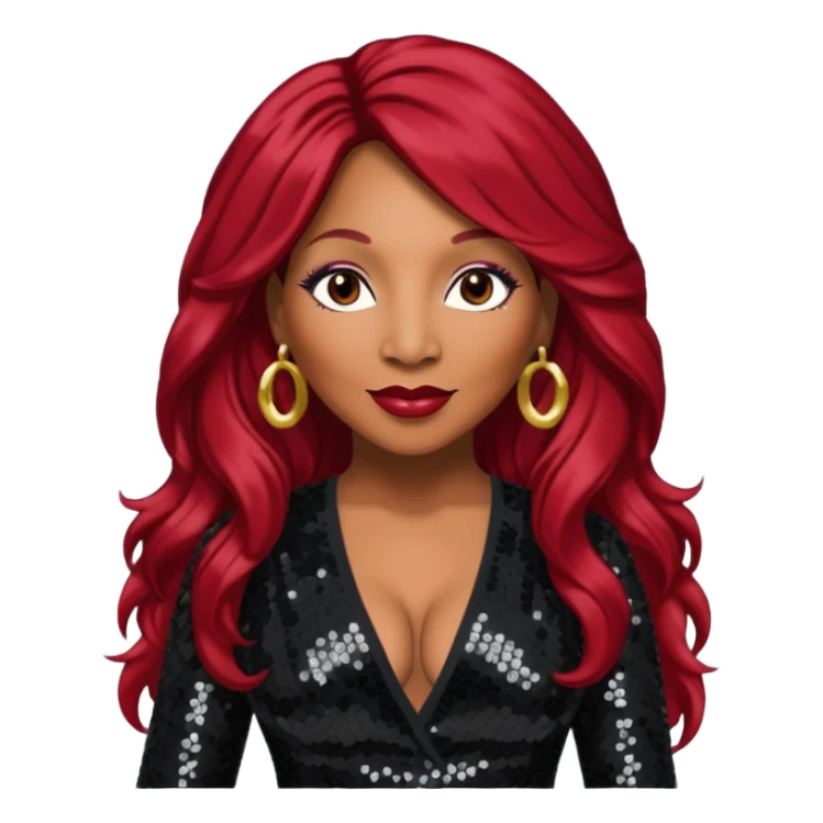 Traci Braxton with long dark red hair, black sequin outfit sticker