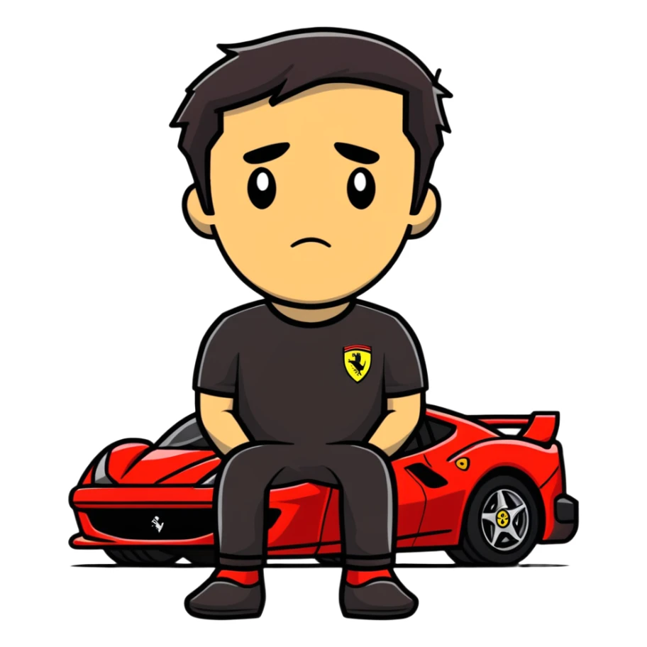 depressed man wearing a Ferrari t-shirt sticker