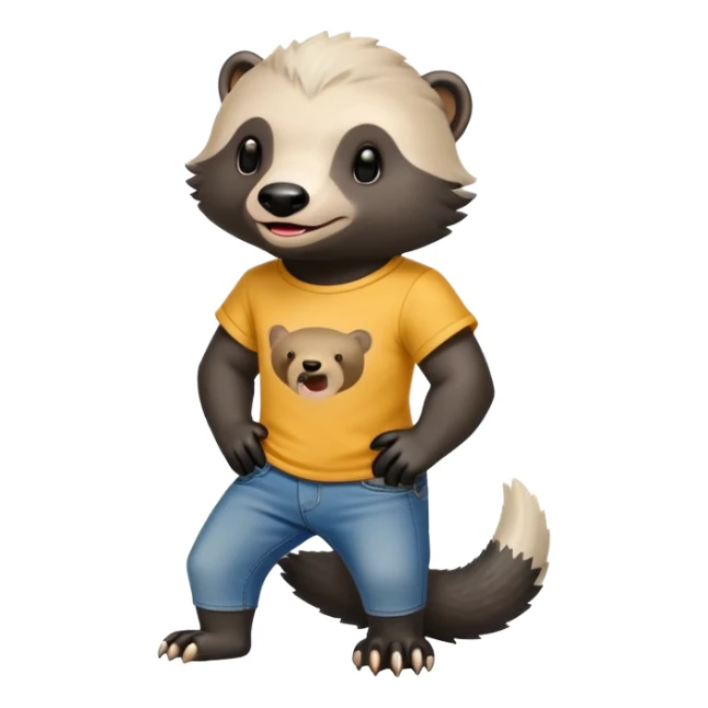 mischievous anthropomorphised honey badger in jeans and a t-shirt, playful expression sticker