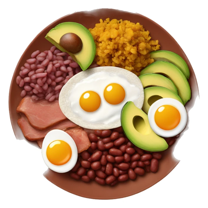 A plate with red beans, chorizo, rice, a fried egg, avocado, mince, pork belly and plantain in a plate sticker