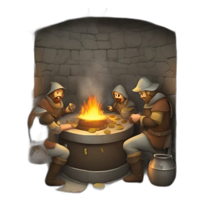 inside of a medieval mint showing different people working creating coins with a furnace sticker