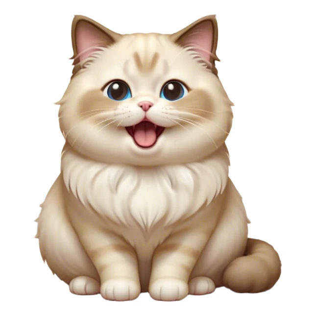 Cinematic Cute Chubby Ragdoll Cat Portrait Emoji, Head tilted playfully and yawning, round and plump body with soft, silky fur in a mix of light and darker points, Simplified yet adorable features, highly detailed, glowing with a warm, friendly glow, high shine, curious yet calm, stylized with a touch of whimsy, bright and endearing, soft glowing outline, capturing the essence of a mischievous yet loving and lazy kitty, so cute it feels like it could stretch out of the screen and cuddle! sticker